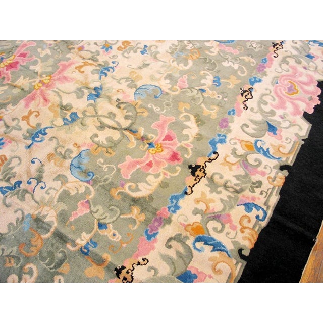 1910s Glamorous Soft Color and Black Border With Foliate Pattern Antique Chinese Peking Rug For Sale - Image 5 of 5