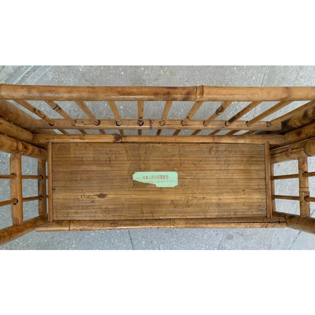 Brown Vintage 1970’s 'Scorched Tortoise' Bamboo, Rattan Petite Folding 2-Tier Etagère For Sale - Image 8 of 12