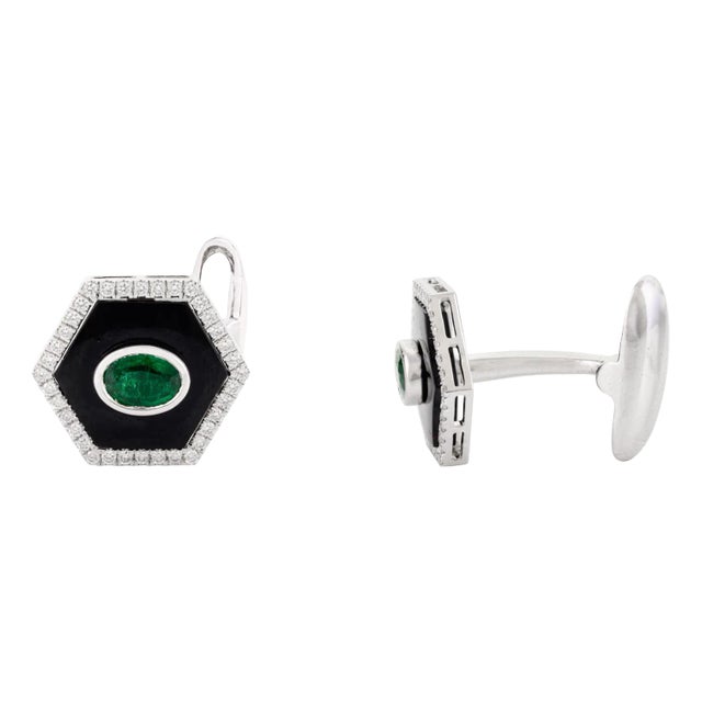 Art Deco Emerald Onyx Cufflinks With Diamonds Unisex Gift- a Pair For Sale