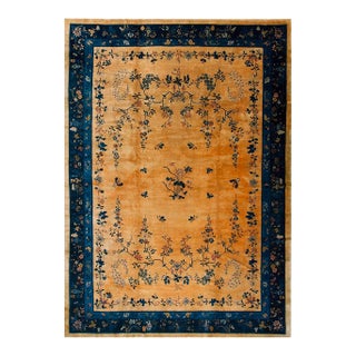 1920s Antique Large Oversized Big Floral Yellow Chinese Art Deco Knotted Rug For Sale