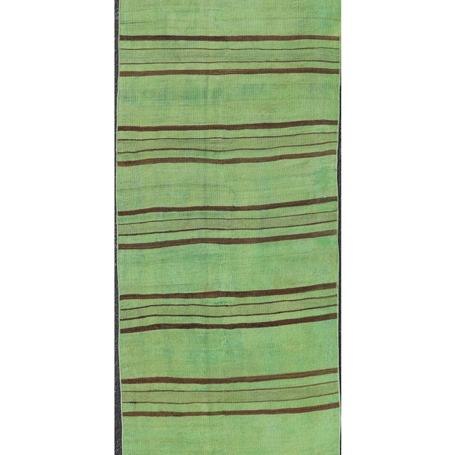 Green Vibrant Vintage Turkish Kilim Runner With Green and Brown Stripes 2'9 X 12'1 For Sale - Image 8 of 10