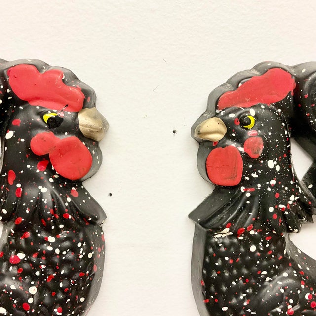 1950s Vintage Boho Chic Farmhouse Rooster Sculptural Wall Objects, Splattered Finish - A Pair For Sale - Image 9 of 10