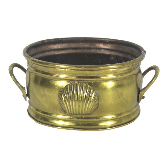 Vintage Small Oval Brass Plated Copper Planter With Shell Motif and Handles For Sale