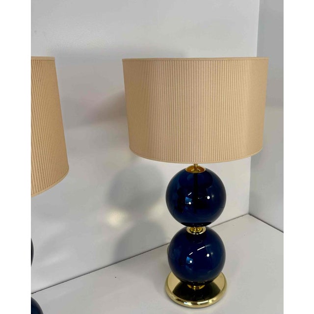 Murano Glass Lamps with Blue Spheres and Ivory Lampshades, Set of 2 For Sale - Image 4 of 9
