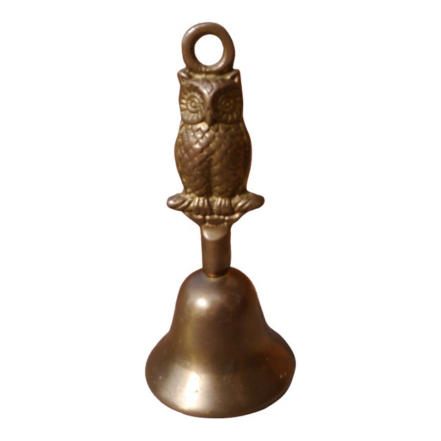 VTG Patina Heavy Solid Brass School Bell W Embossed Figural Owl Shape Handle For Sale
