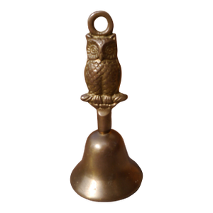VTG Patina Heavy Solid Brass School Bell W Embossed Figural Owl Shape Handle