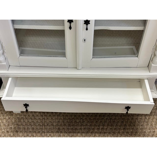 Vintage White Painted Hutch Cabinet With Glass Doors For Sale In Charlotte - Image 6 of 12