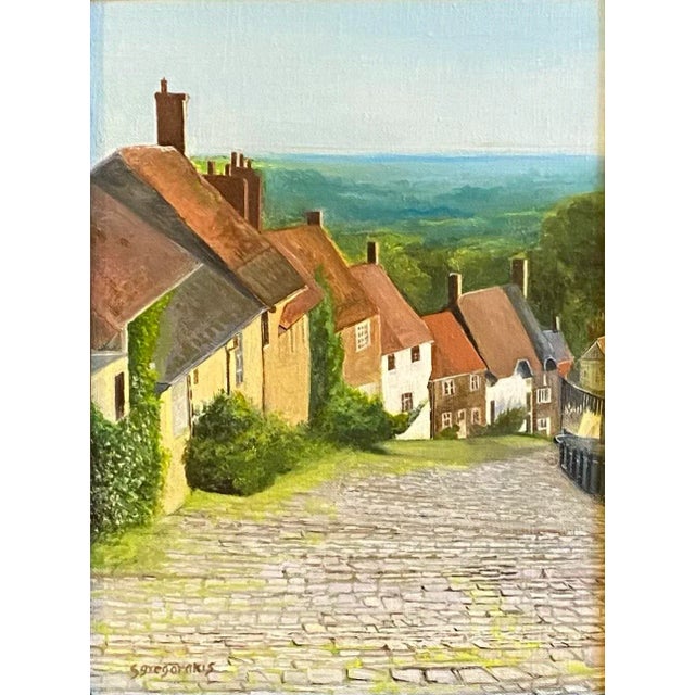 Oil painting on hand stretched linen of Gold Hill, Shaftesbury, England, overlooking Thomas Hardy’s Blackmore Vale, with...