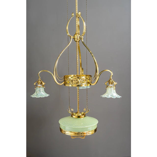 Gold Jugendstil Adjustable Floral Chandelier with Opaline Glass Shades, 1910 For Sale - Image 8 of 18