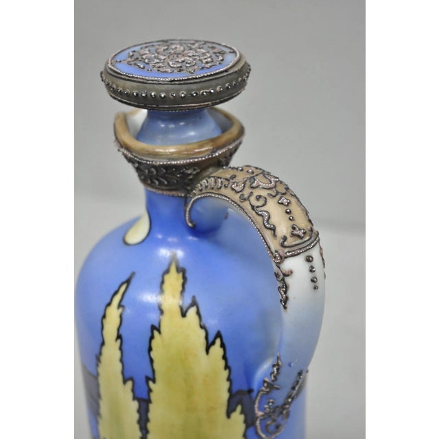 Early 20th Century Antique Nippon Hand Painted Blue Halloween Pattern Porcelain Wine Jug W/ Cork For Sale - Image 5 of 18