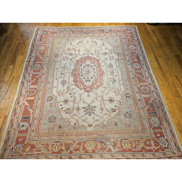 Early 20th Century Vintage Turkish Oushak Rug, Hand-Knotted Geometric Pattern, Ivory & Brick Red, 12' X 14' For Sale - Image 5 of 13