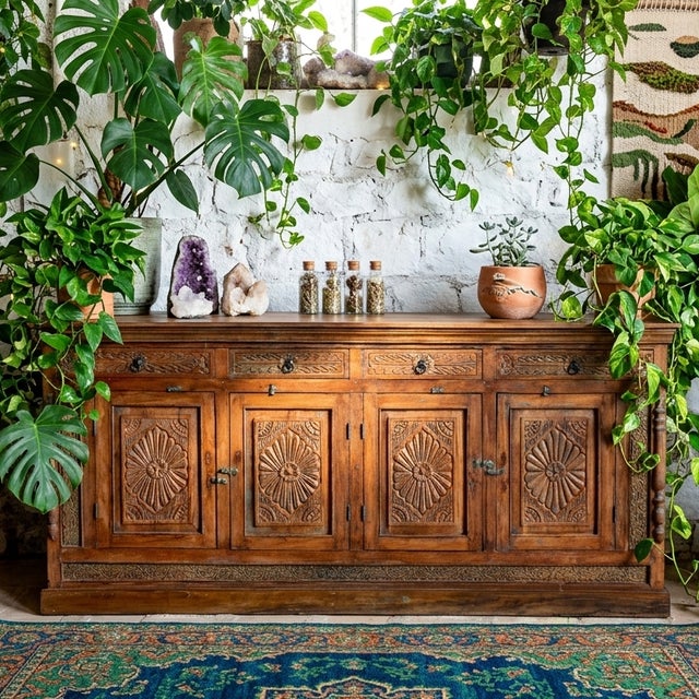 Brown Antique Hand-Carved Long Sideboard – Rustic Wood Credenza Tv Console 88x40 For Sale - Image 8 of 8