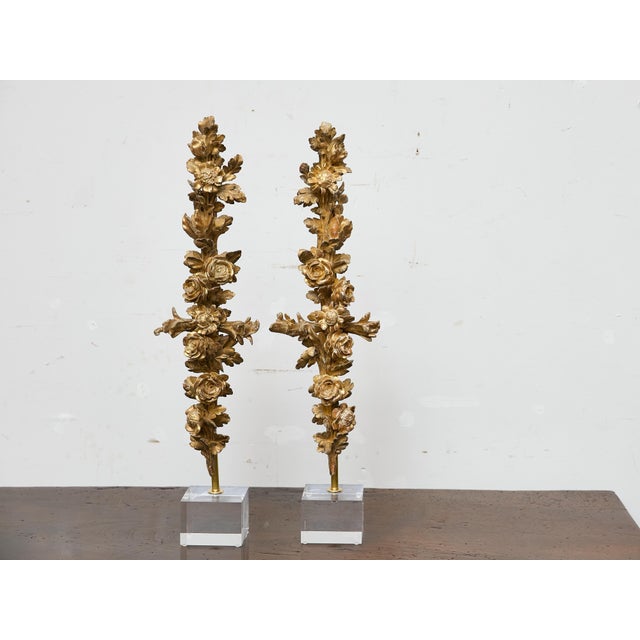 Wood Pair of 19th Century Rococo Revival Giltwood Floral Carvings on Lucite Bases For Sale - Image 7 of 8