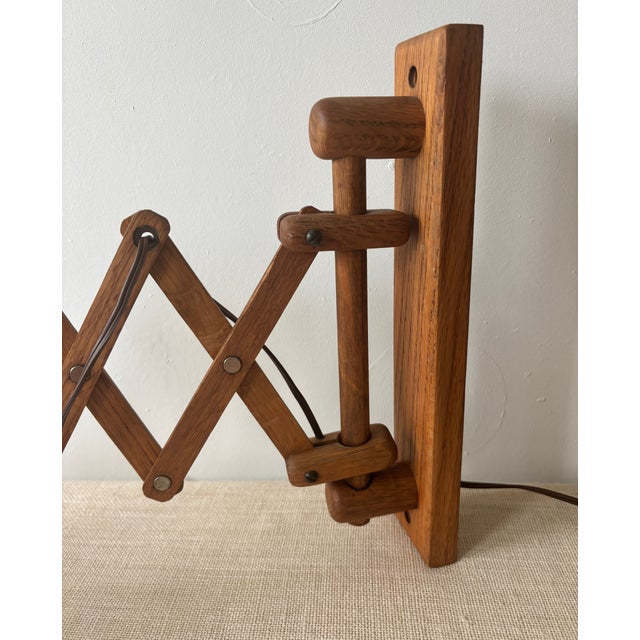 Vintage Wood Scissor Lamp Danish Style W/ Wicker Shade For Sale - Image 12 of 15