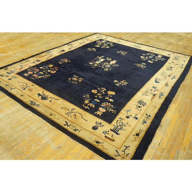 Chinese Exceptional Navy Blue Background and Light-Yellow Border With Floral Design Antique Chinese Rug For Sale - Image 3 of 9