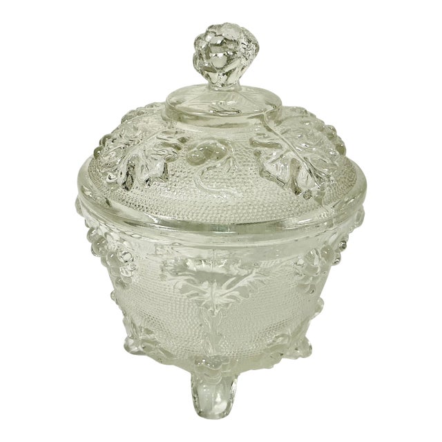 Early 20th C. Antique Boho Chic Americana Pressed Glass Lidded Footed Candy Dish, Indiana Glass Attributed For Sale