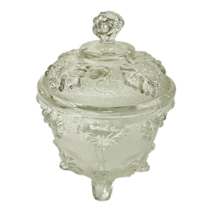 Early 20th C. Antique Boho Chic Americana Pressed Glass Lidded Footed Candy Dish, Indiana Glass Attributed