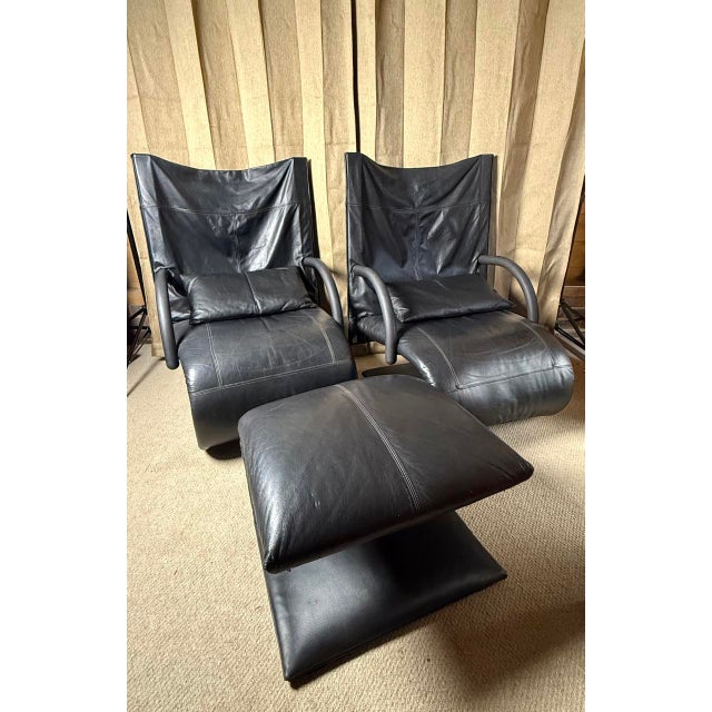 Mid-Century Modern Zen Lounge Chairs and Ottoman in Leather by Claude Brisson for Ligne Roset, Set of 3 For Sale - Image 3 of 6