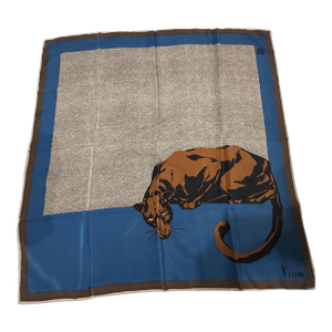 1990s Blue and Brown Silk Panther Scarf by Mariuccia Mandelli for Krizia