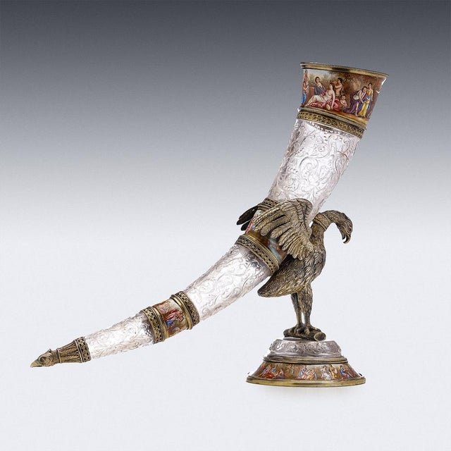 19th Century Austrian Silver Gilt, Enamel & Rock Crystal Drinking Horn, 1880s For Sale - Image 3 of 16