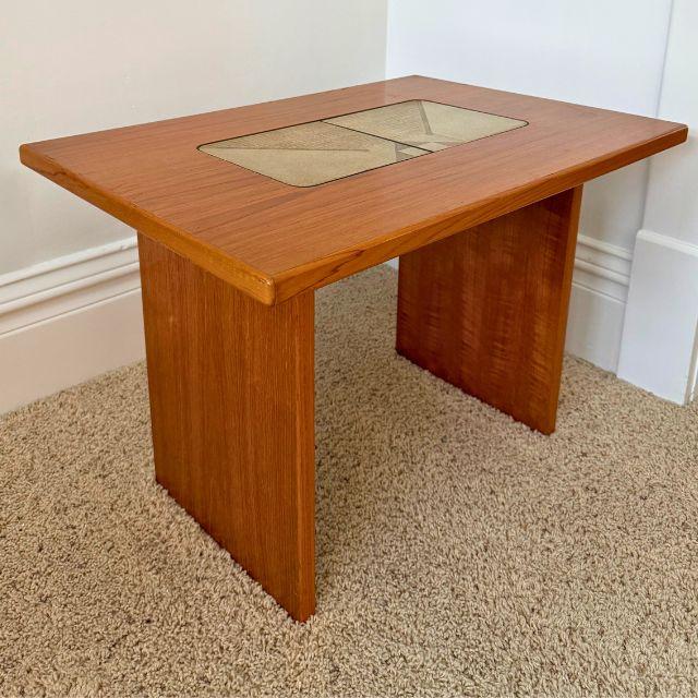 Authentic Gangsø Møbler Danish Modern teak end table featuring stunning stone tile inlay tops. Made in Denmark in the late...