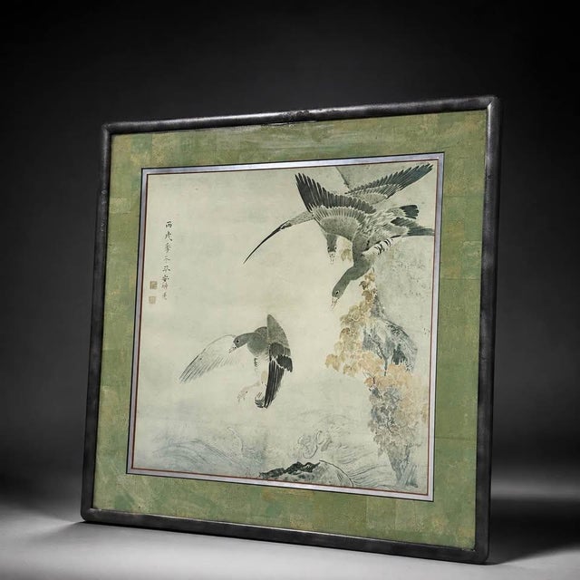 Late 20th Century East Asian Ink Wash Style Bird Painting in Green Silk Mat For Sale - Image 4 of 6