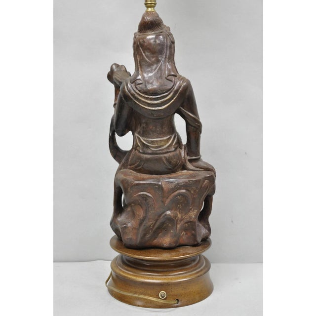 Vintage Buddhist Kuan Yin Brown Ceramic Sculpture Figure Table Lamp W/ Shade For Sale - Image 18 of 18