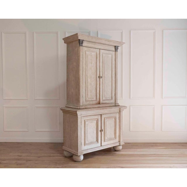 Wood Tall Swedish cabinet in soft grey, two-piece, early‑mid 19th century For Sale - Image 7 of 11
