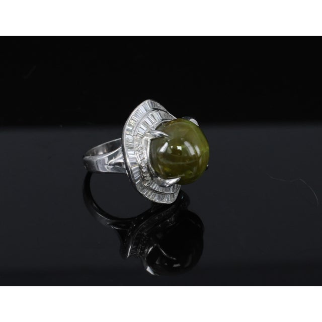 Green Late 20th Century Massive 28.70ct Chrysoberyl Cat's Eye & 1.94ct Diamond Platinum Ring Size 6.25 For Sale - Image 8 of 17