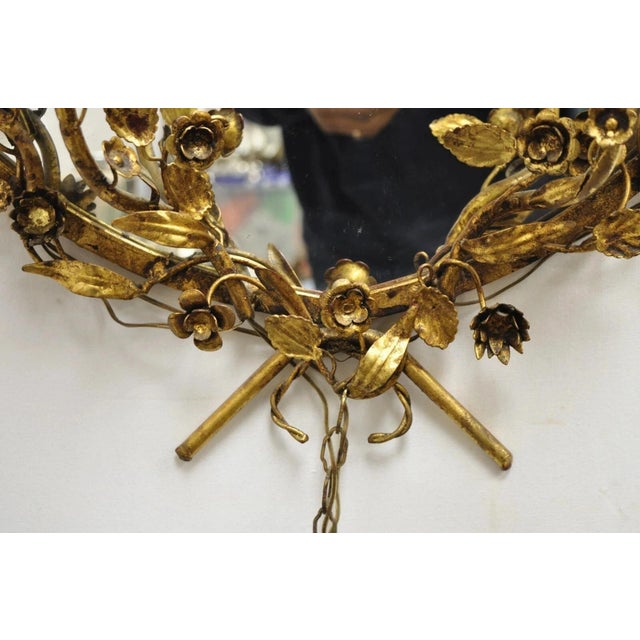 Gold Vintage Italian Hollywood Regency Gold Gilt Iron Floral Wall Sconce Oval Mirror For Sale - Image 8 of 11