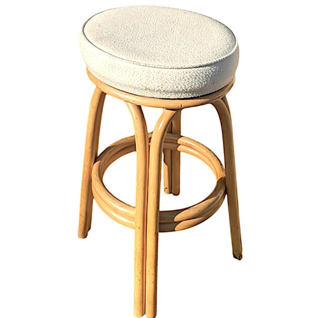 1950s Rattan Double Strand Arched Barstool With Ivory Upholstered Plush Seat, Pair For Sale - Image 5 of 12