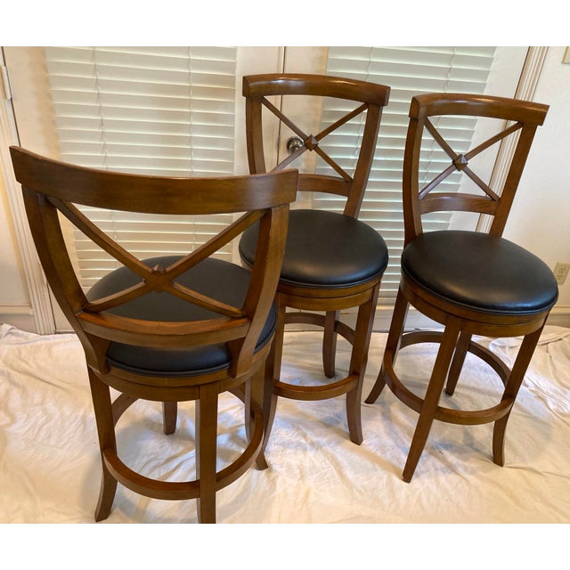 Neoclassical Frontgate Trio of Mahogany Neoclassic Style Barstools Black Leather Swivel Seats For Sale - Image 3 of 12