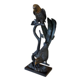 Large Sculptural Tropical Parrot Figure | Patinated Bronze-Tone Bird Sculpture For Sale