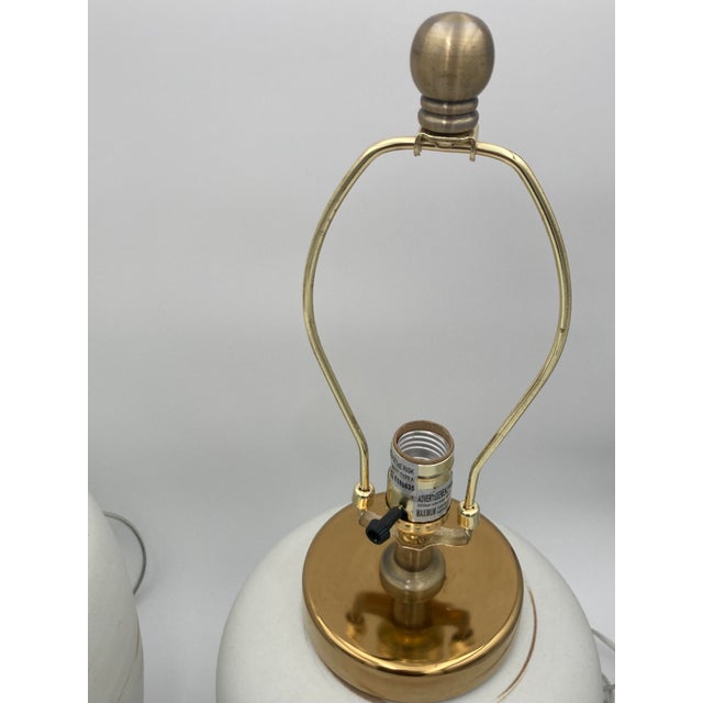 Sahara Sand White Ceramic Table Lamps With Hand Painted Brush Strokes With Shades - a Pair For Sale - Image 4 of 11