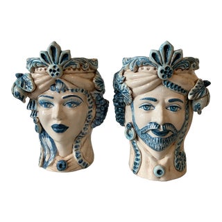21st Century Moor's Head Italian Ceramic Handcrafted by Caltagirone Artisanal - a Pair For Sale