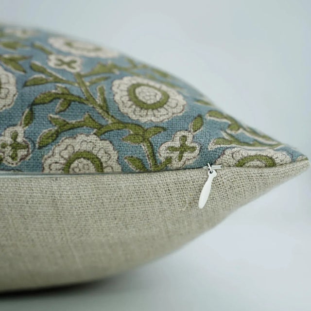 Rustic Handmade Block Floral Print Pillow Cover for Home Décor Thick Linen-Kashi, 14x14 Inch For Sale - Image 3 of 4