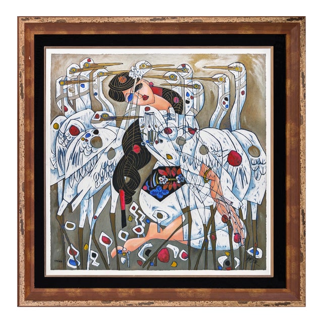 Jiang Tiefeng, Morning With Cranes (Custom Framed Large Hand Signed Serigraph), 2001 For Sale