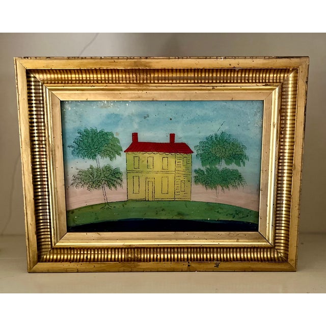 Glass Antique 19th Century American Folk Art Primitive Eglomise Reverse Painting on Glass of a Federal House in a Landscape For Sale - Image 7 of 8