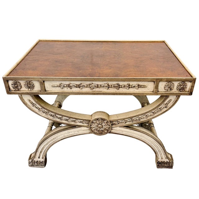 A striking pair of mid-century Neoclassical accent tables by Heritage Furniture. Each table features a book-matched burl...