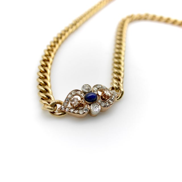 Late 19th Century Victorian 14k Gold Curb Link Diamond and Sapphire Necklace For Sale In Los Angeles - Image 6 of 12