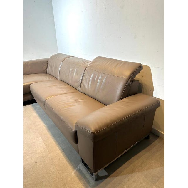 Large Taupe Leather Corner Sofa For Sale - Image 4 of 5