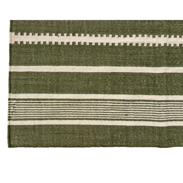 Handmade Woolen Flat Weave Rug, Olive Green and White Striped Wool Rug - 8'x10' For Sale - Image 12 of 13