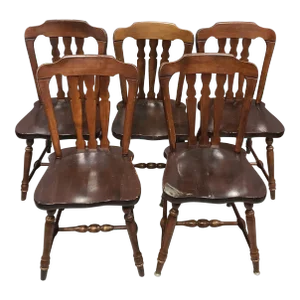 Mid 20th Century Dark Stained Wooden Walnut Ethan Allen Lath Back Kitchen Chairs - Set of 5