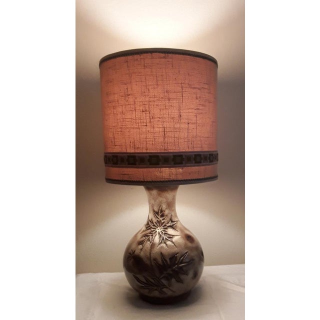 Vintage German Table Lamp with Beige-Brown Ceramic Base with Floral Motif and Original Beige Fabric Shade, 1970s, in Very...