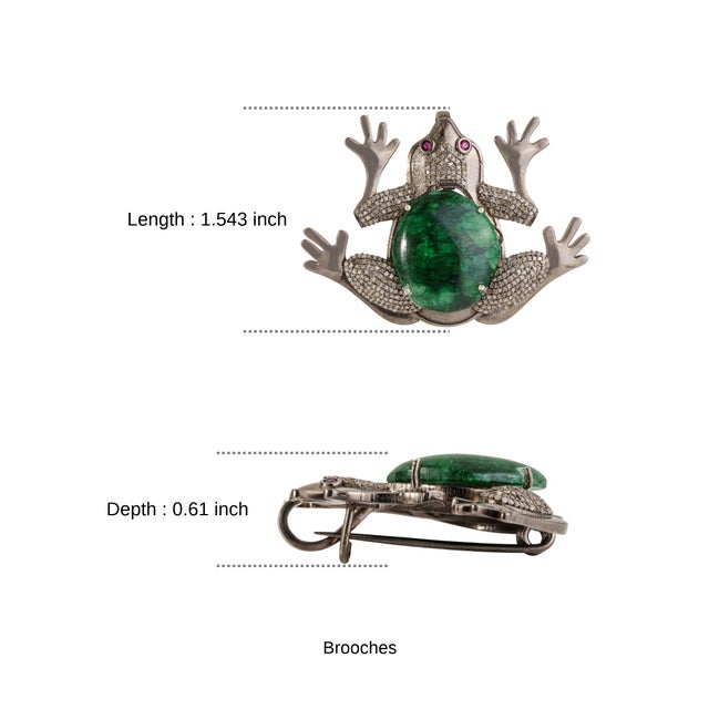 Antique Style Oxidized Silver & 15.25 Ct Natural Emerald Diamond Frog Brooch Pendant For Sale - Image 12 of 14