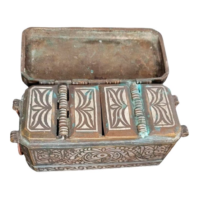 Antique Southeast Asian Maranao Decorative Silver Inlaid Brass Betel Nut Box For Sale