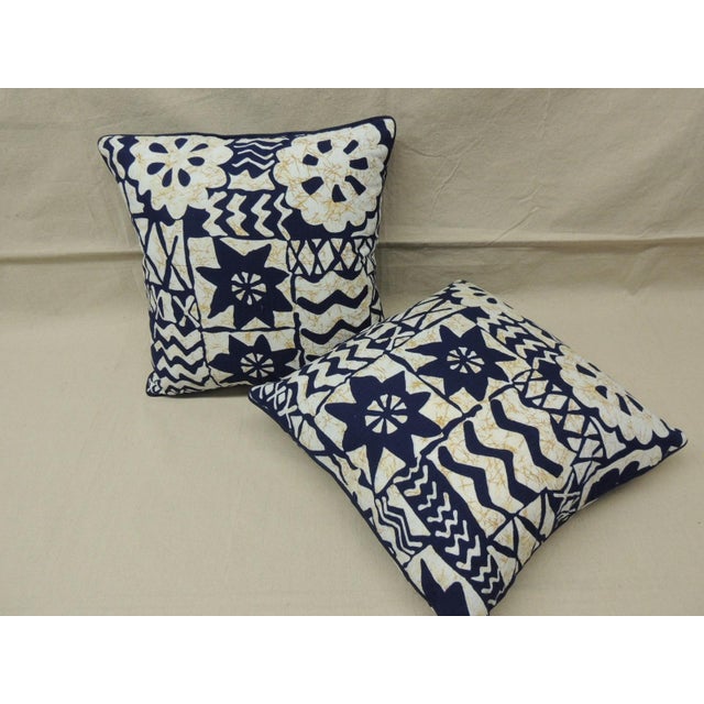 African Blue and White African Bark Cloth Square Decorative Pillows - A Pair For Sale - Image 3 of 6