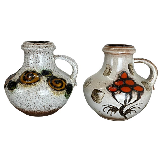 Pottery Fat Lava Vases Floral attributed to Scheurich, Germany, 1970s, Set of 2 For Sale
