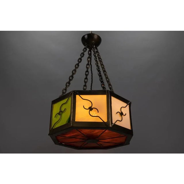 Mid-Century Octagonal Patinated Metal and Art Glass Pendant Light, Germany For Sale - Image 14 of 18