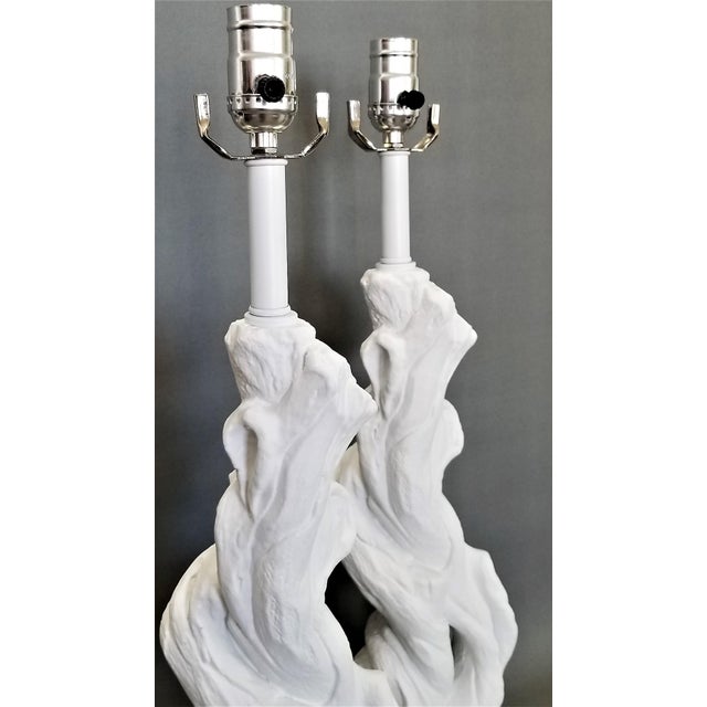 Paint Faux Bois Solid White Plaster Tree Table Lamps -A Pair - Authentic 1950s - Serge Roche Style - Palm Beach Boho Chic For Sale - Image 7 of 12